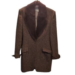 Vintage New Wool Brown Tweed Blazer with Fur Collar